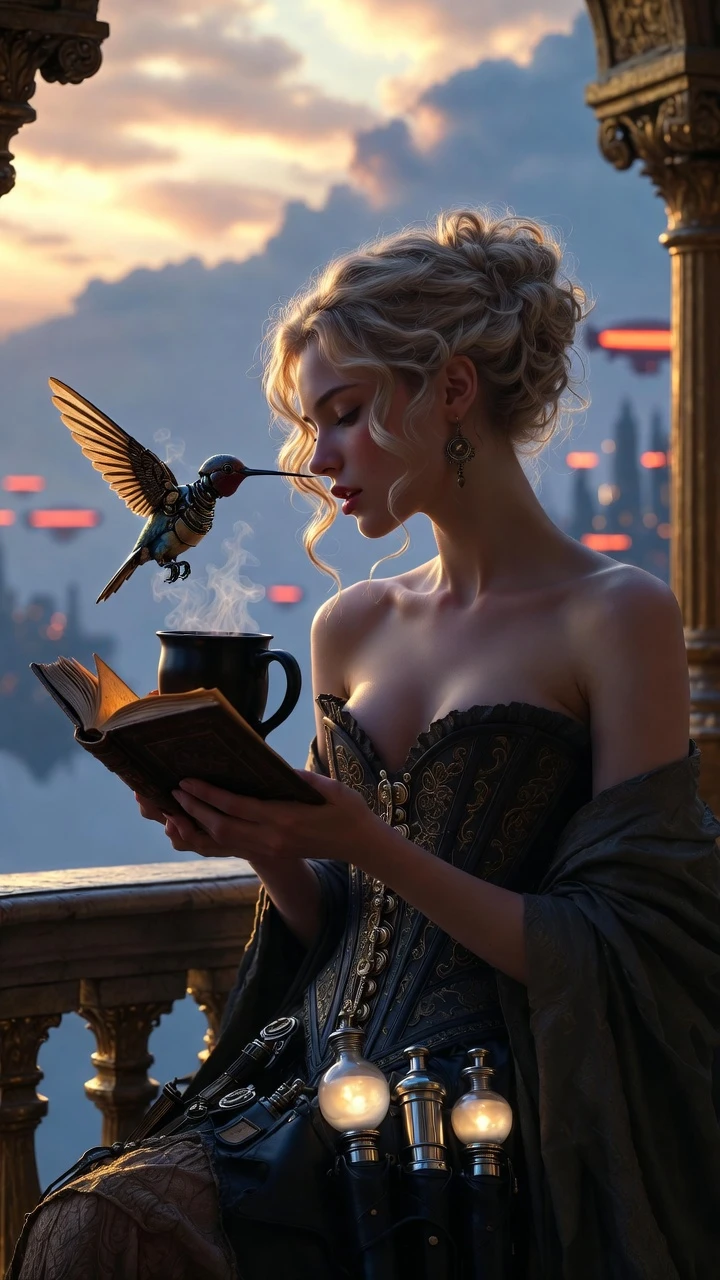 Steampunk princess at dawn on a gilded villa balcony
