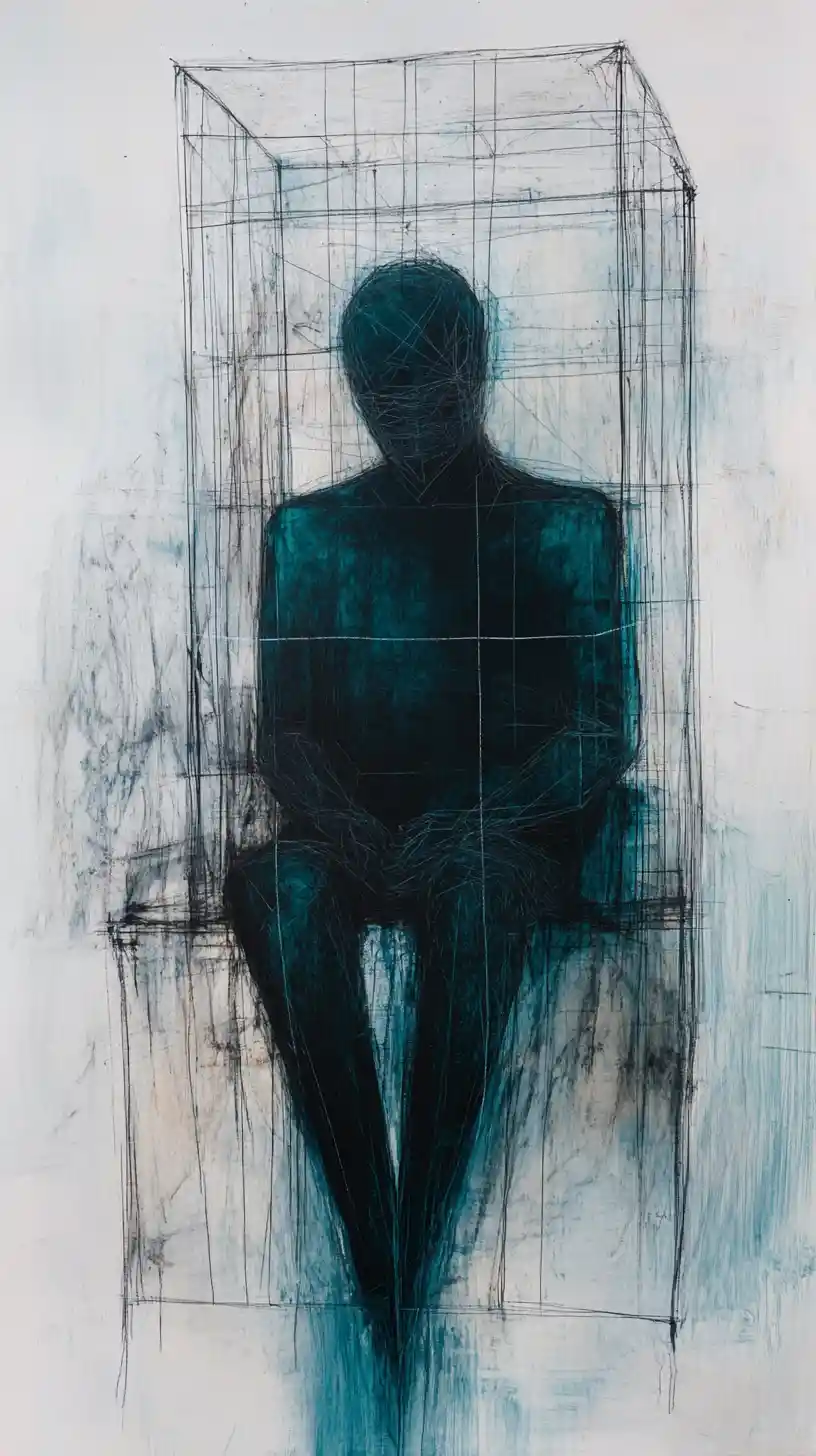 Surreal abstract portrait emerging from layered glyph like forms