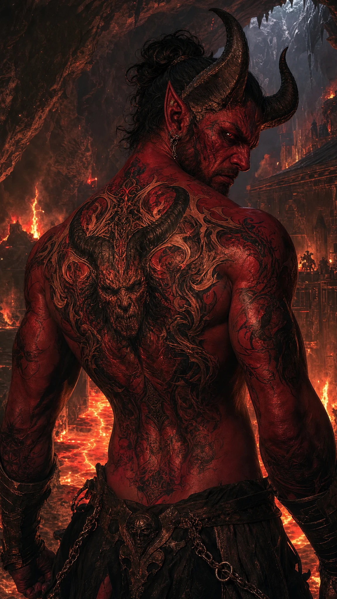Red demon with tattooed back in fiery lava cavern