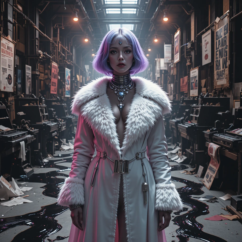 Noir cyberpunk femme fatale in an abandoned factory