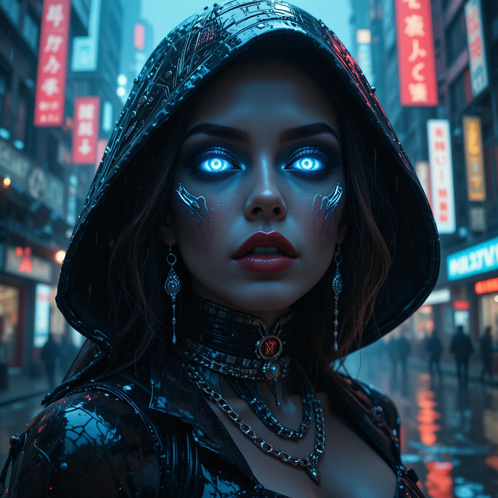 Futuristic femme fatale portrait in neon drenched rain