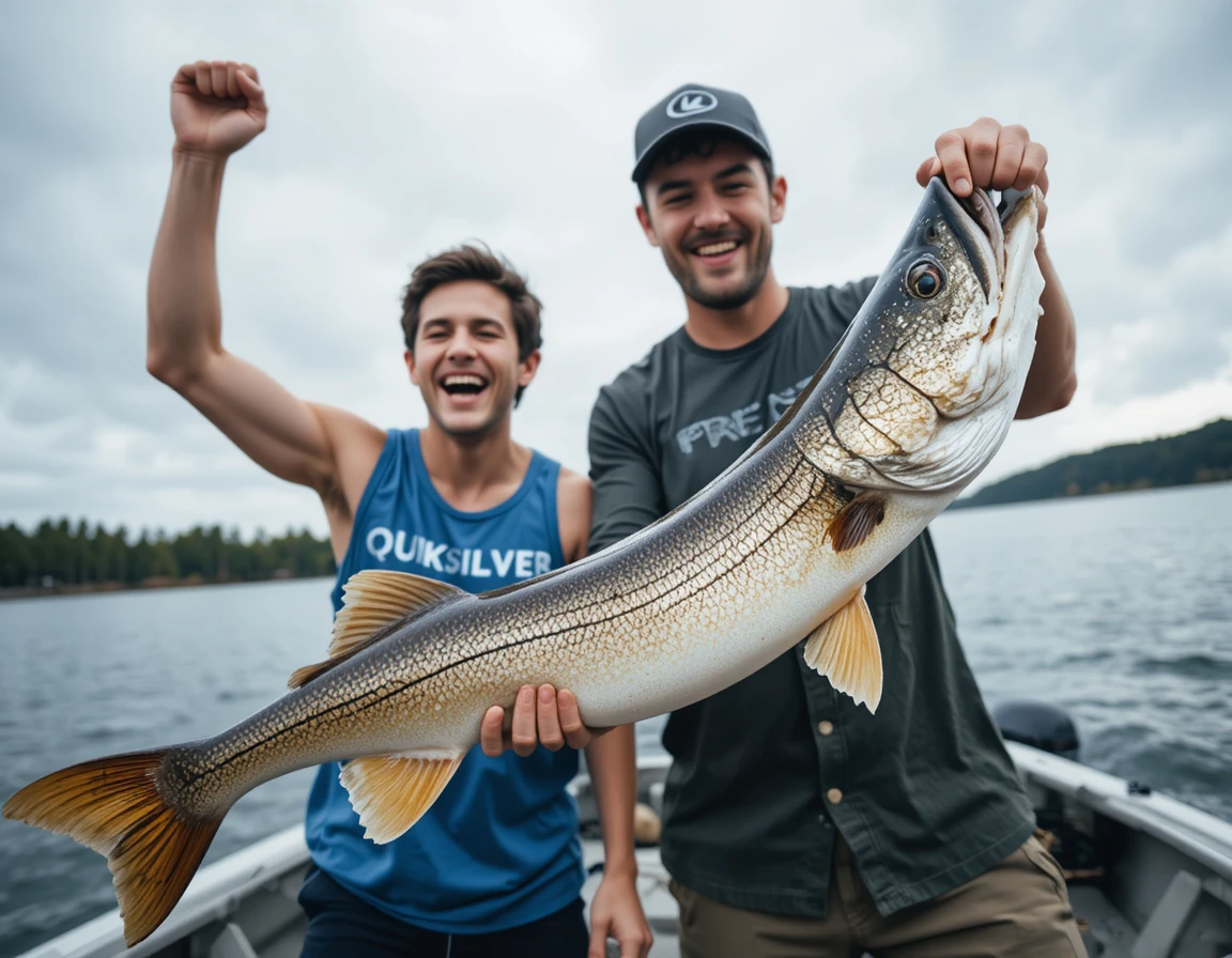 Two men celebrating with a large muskie on a lake