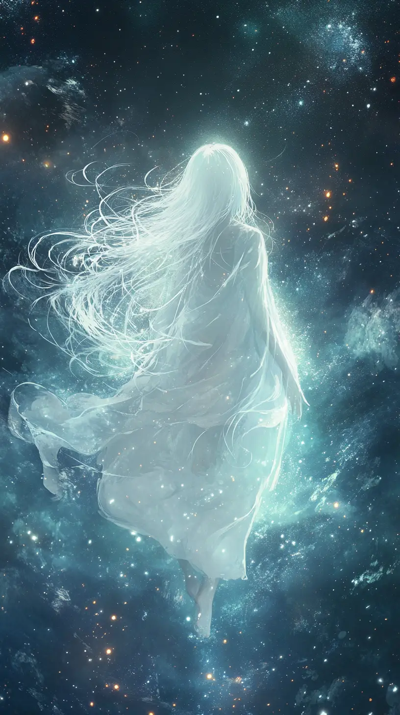 Serene anime entity floating in minimal cosmic space