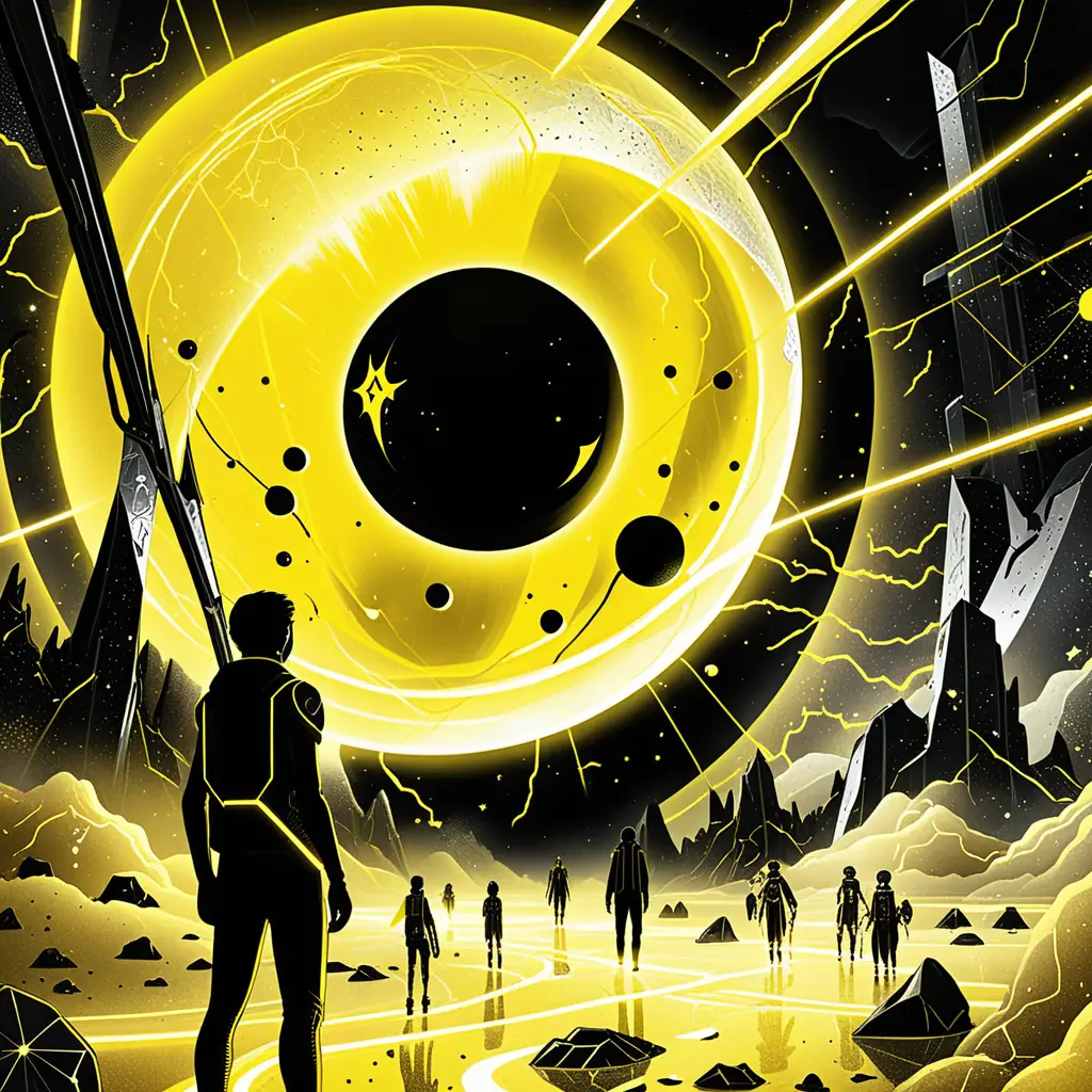 Futuristic black planet glowing with yellow neon light