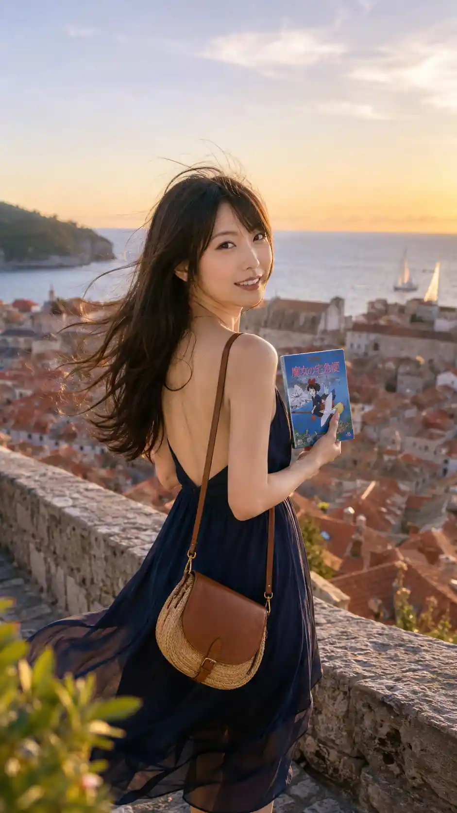 Young woman on Dubrovnik city walls at golden hour