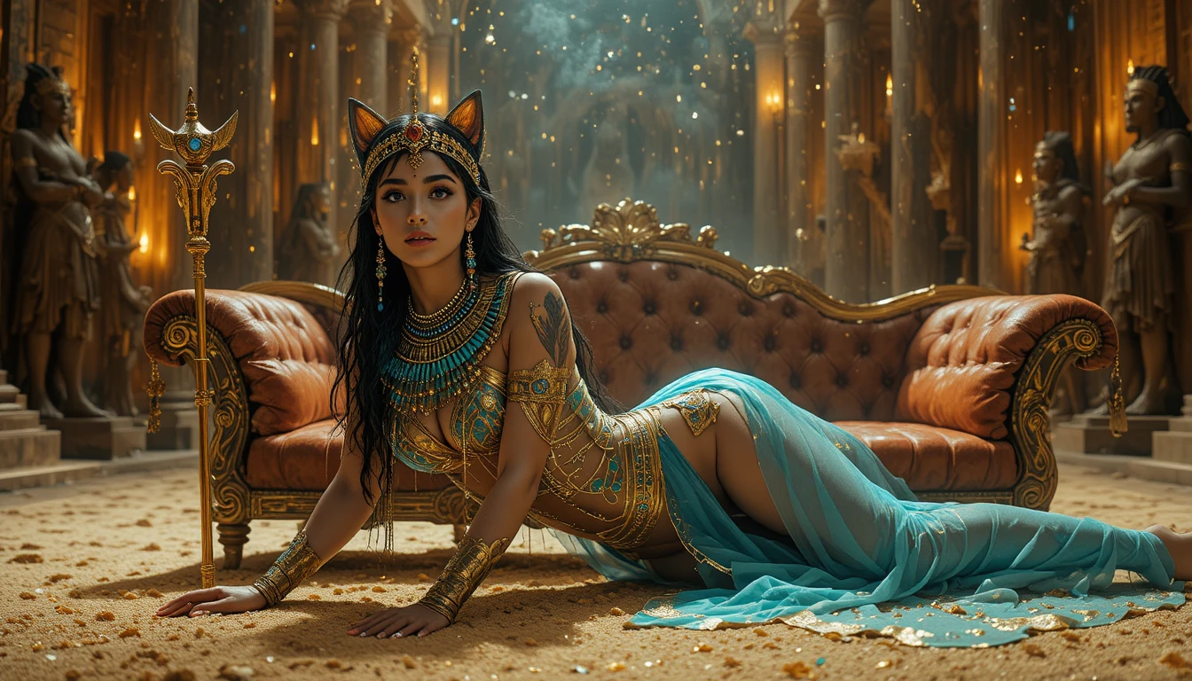 Seductive egyptian queen reclining on ornate royal couch
