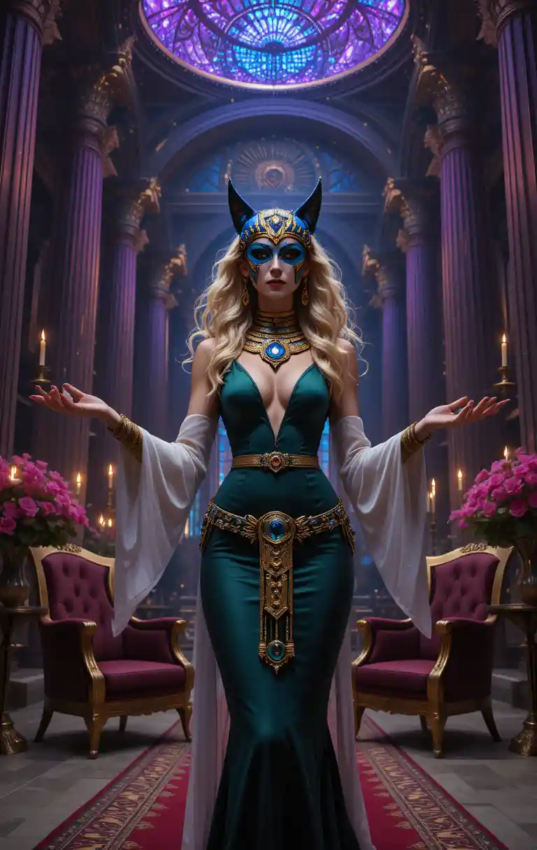 Masked woman in emerald gown in mystical temple hall