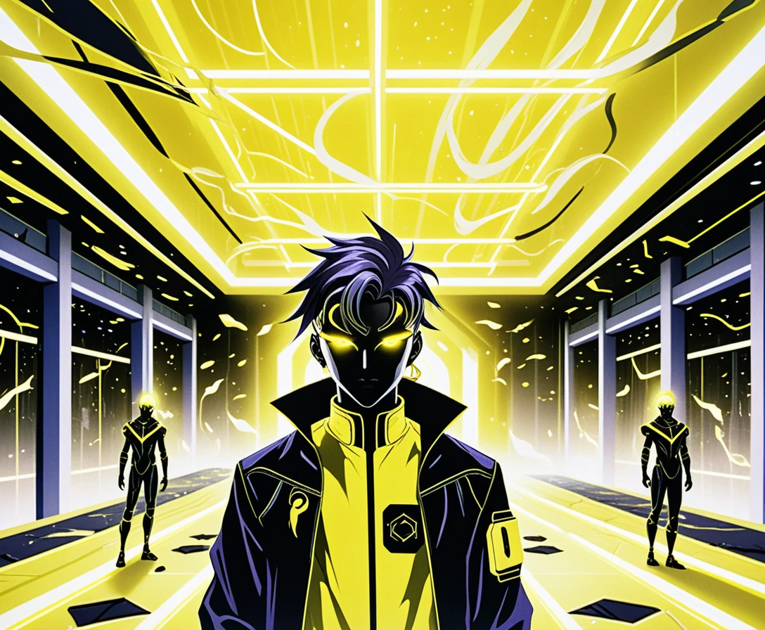 Isekai anime boys in neon sci fi facility with fog
