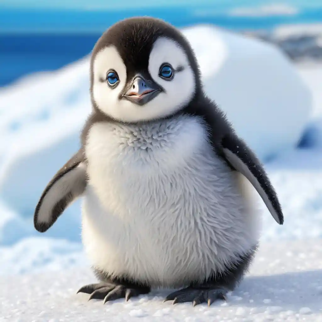 Cute baby penguin with blue eyes in colored pencil art