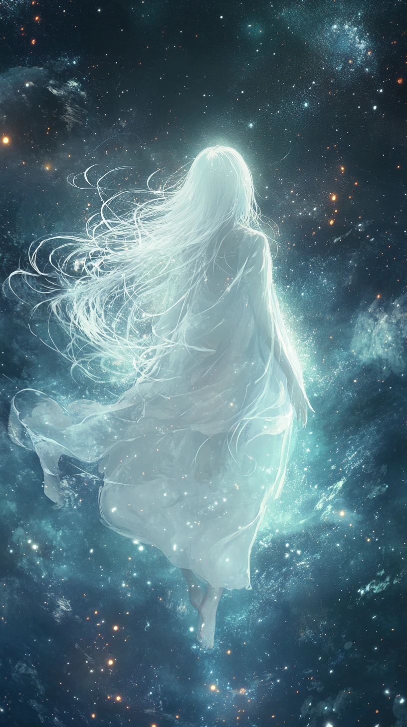 Serene anime entity floating in minimal cosmic space