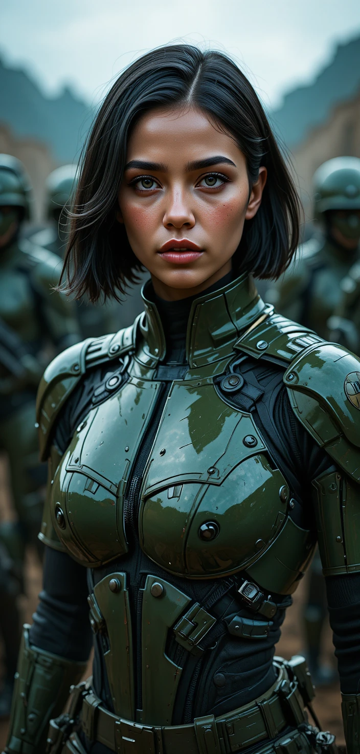 Young sci fi woman warrior in olive futuristic armor portrait