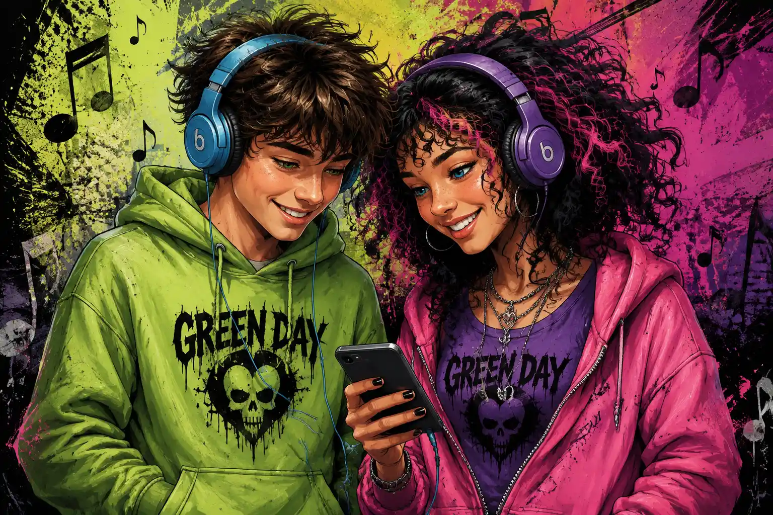 Teen friends sharing music on headphones together