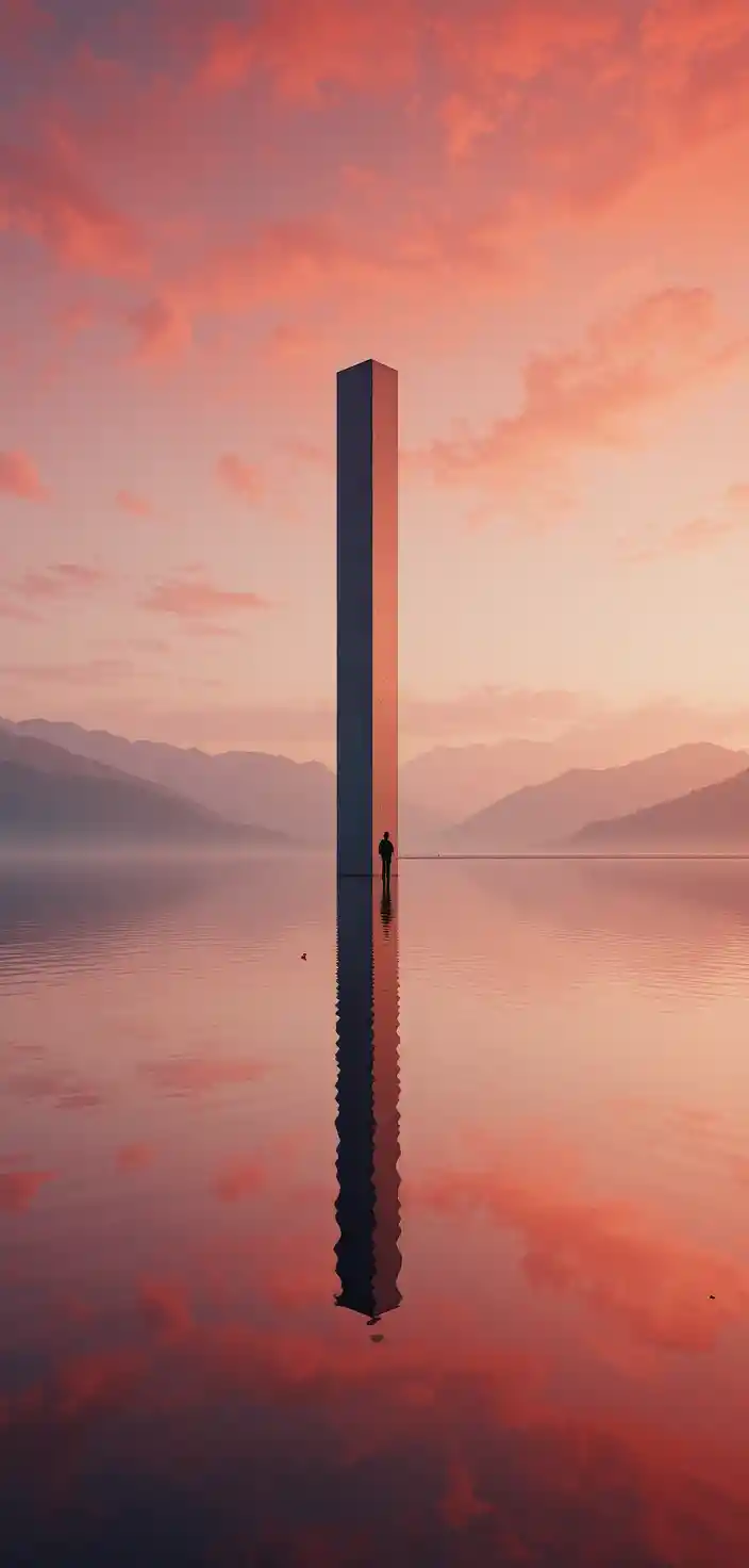 Minimalist tower reflected in calm water at dusk