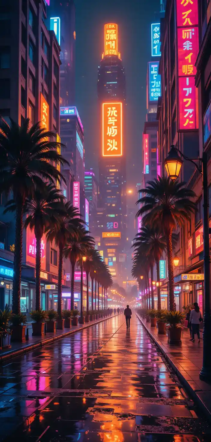 Vibrant neon city street at night with reflections