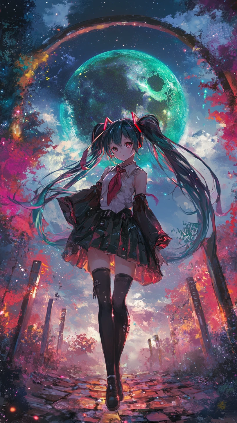 Garota de anime flutuando no espaço perto de um planeta colorido com anéis