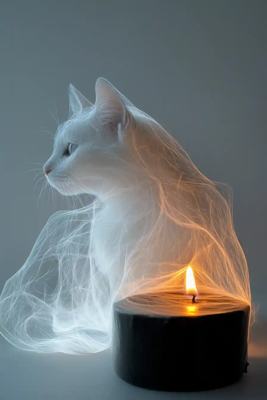 Layered transparent forms with a white cat and candle flame