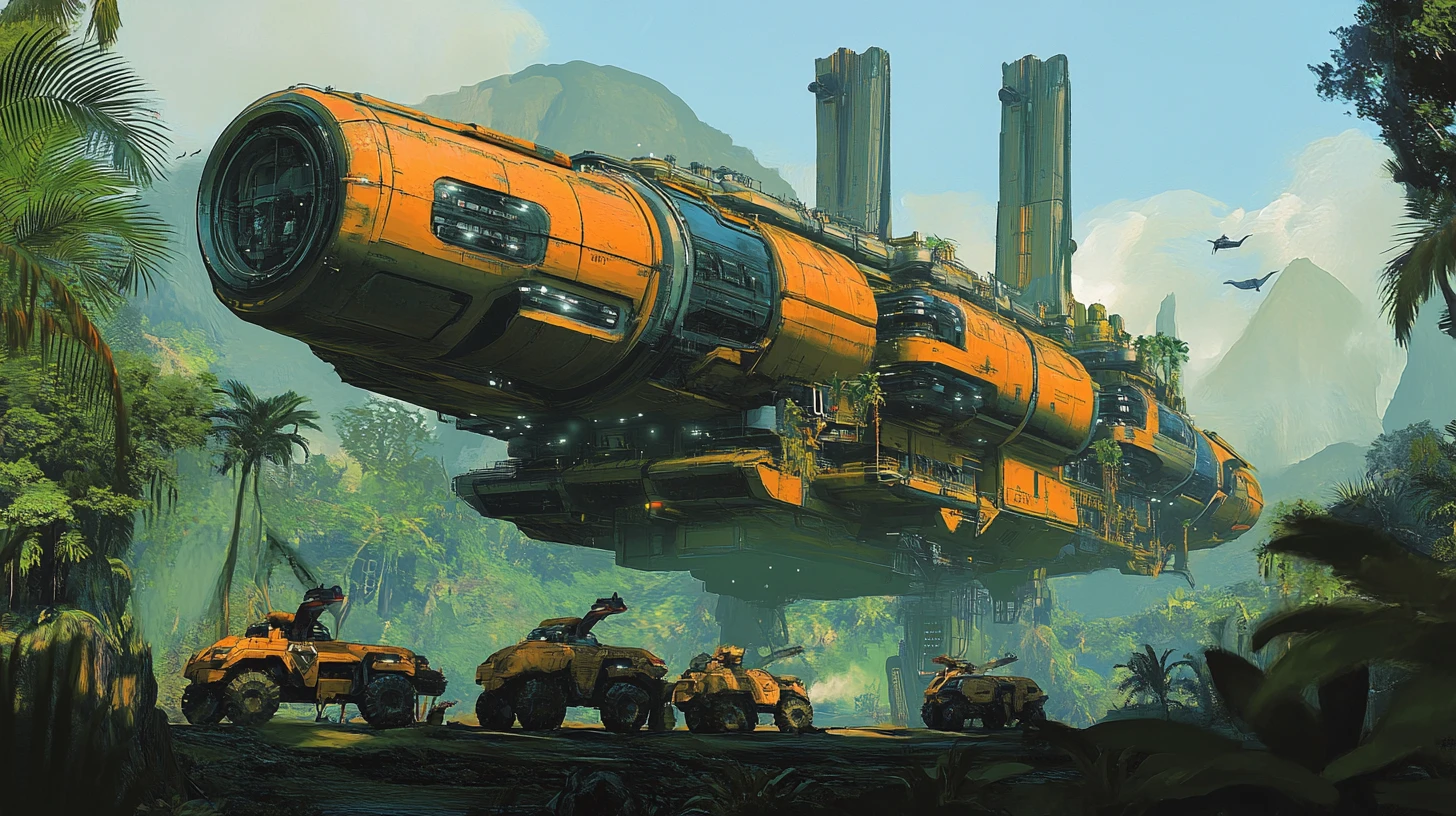 Gigantic alien supply ship unloading an outpost on jungle world