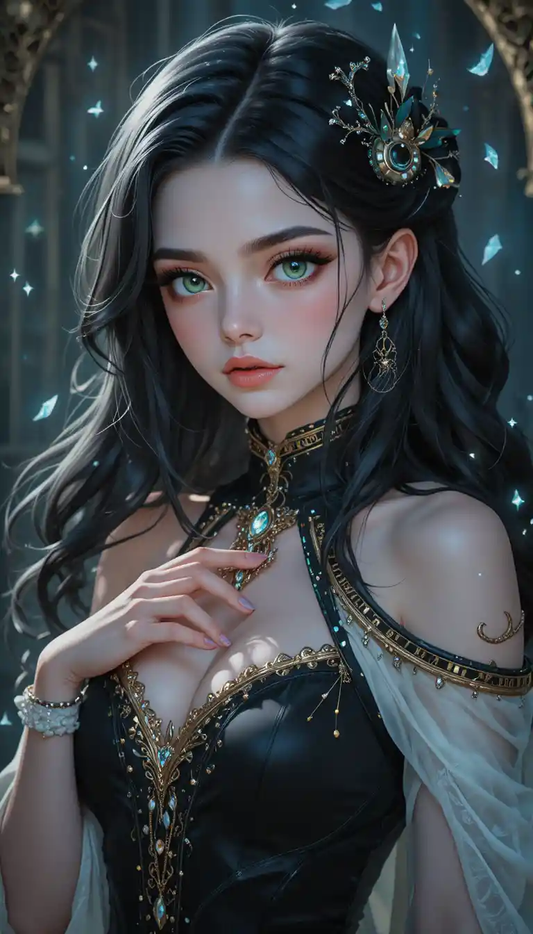 Young emerald eyed anime witch with glowing runes