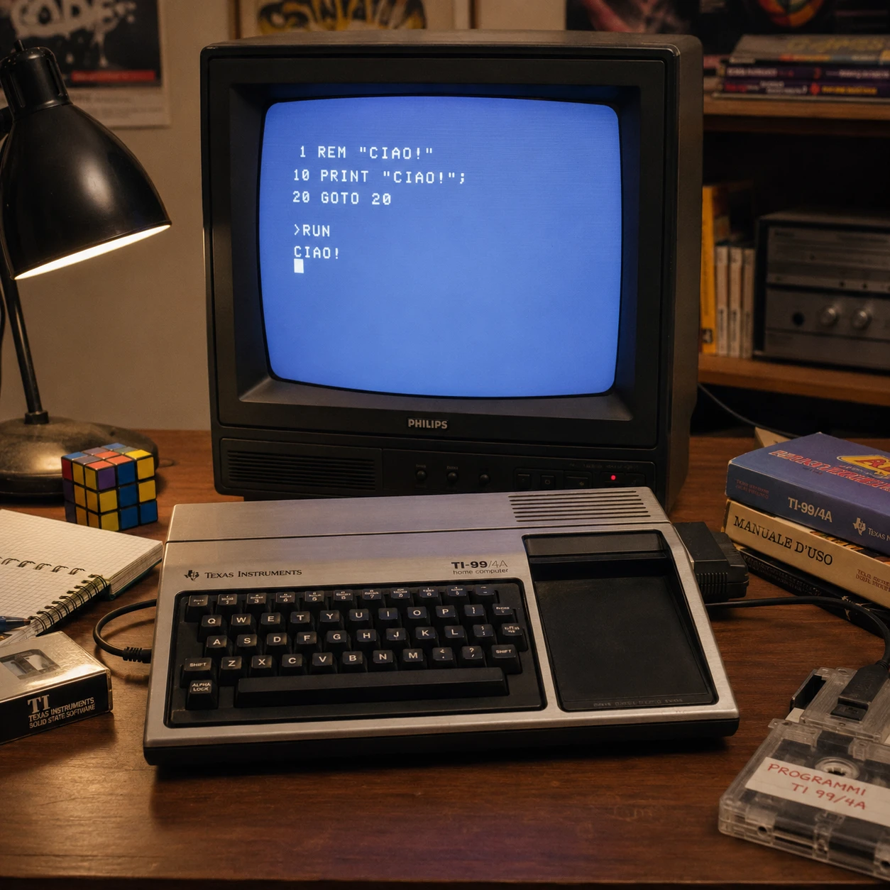 Computador doméstico vintage conectado a uma televisão colorida