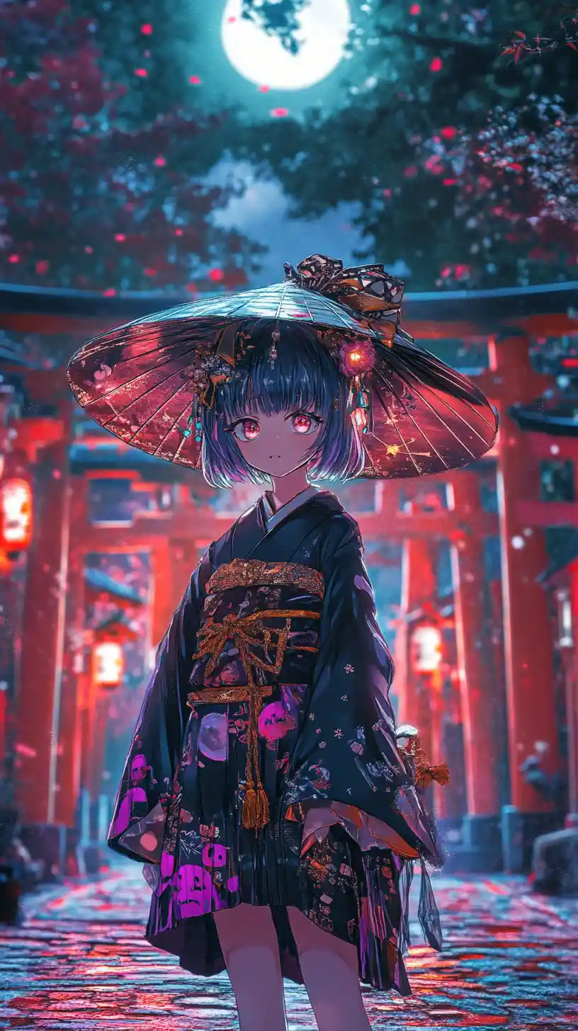 Joyful anime girl at a magical Halloween street party
