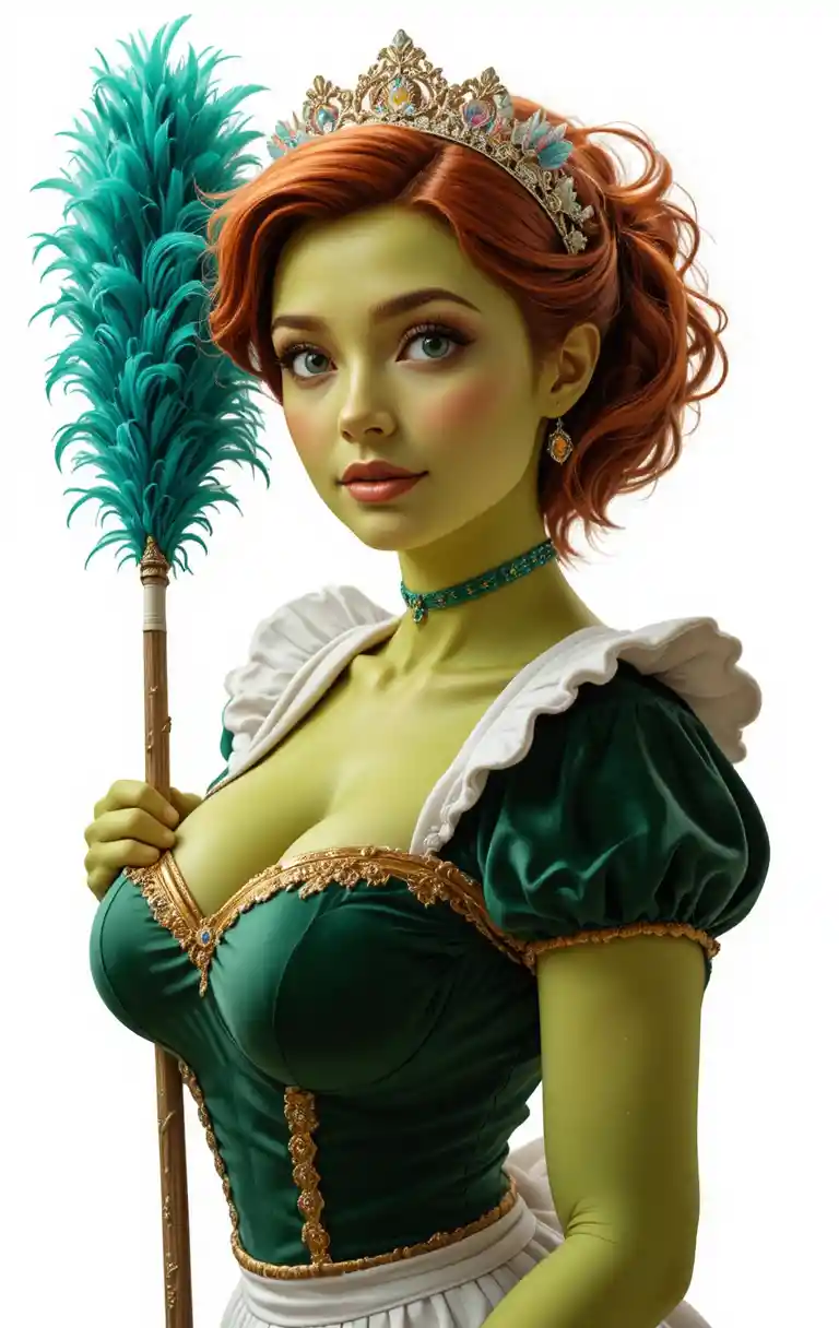 Green velvet maid with feather duster ready to clean