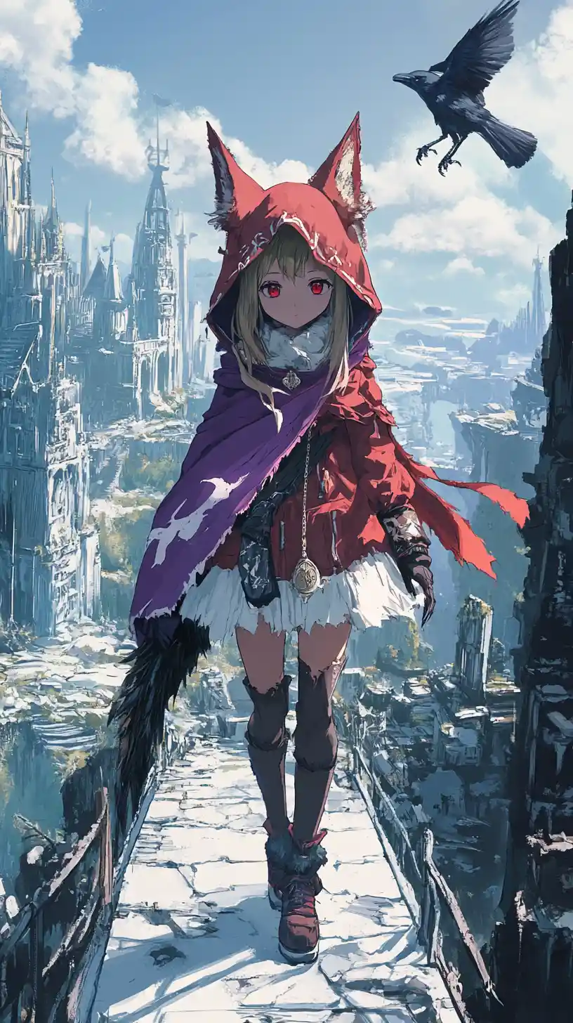 Anime girl with halberd crossing bridge to ruined fantasy castle