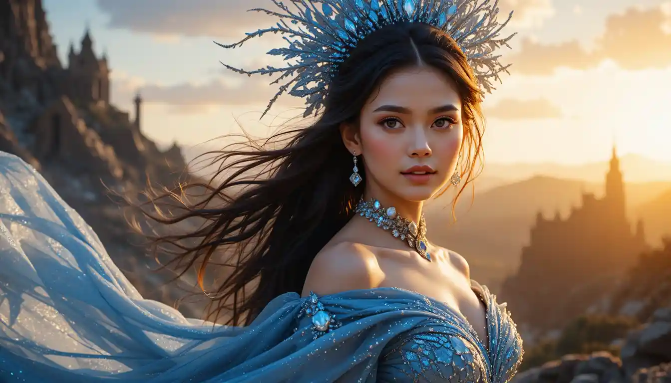 Regal young woman in shimmering blue fantasy gown
