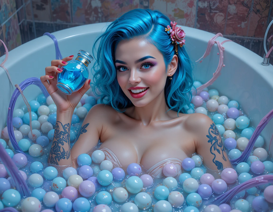 Playful blue haired anime girl relaxing in a bubble bath