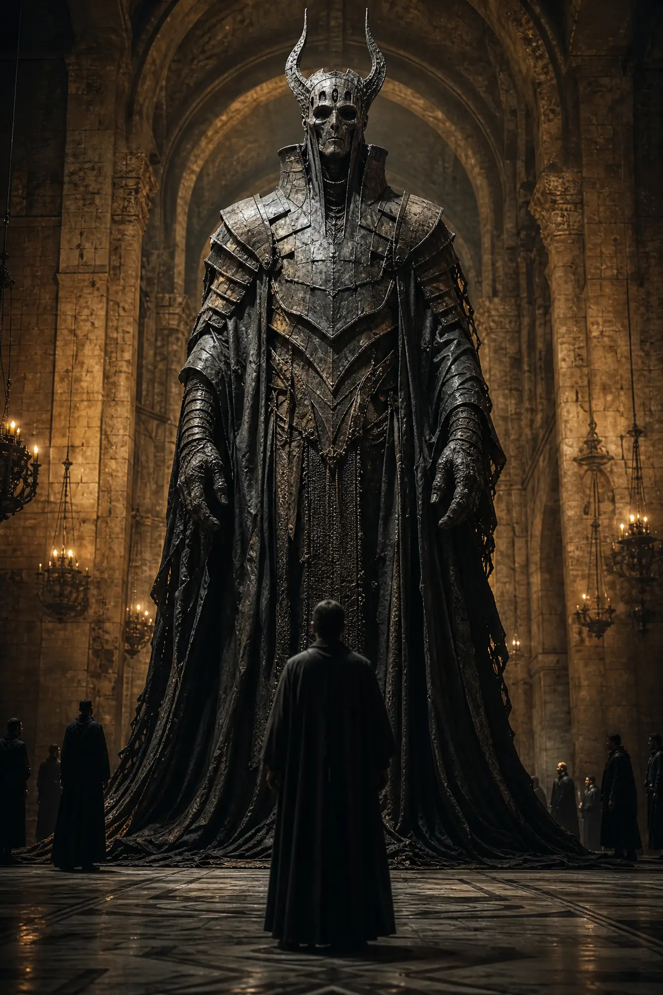 Colossal stone guardian in a dark cathedral hall