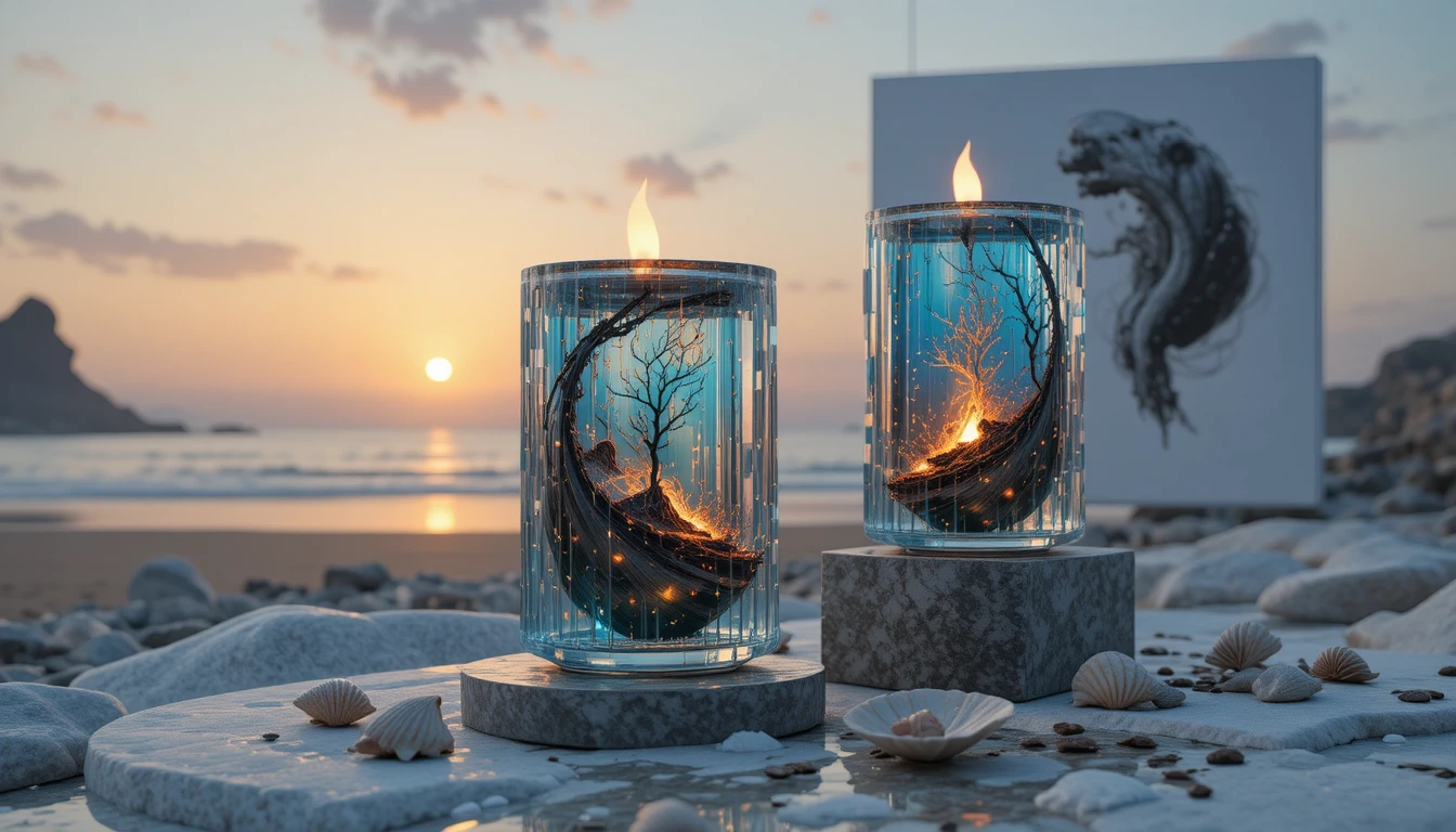 Futuristic glass sculptures with glowing spheres on mirror surface