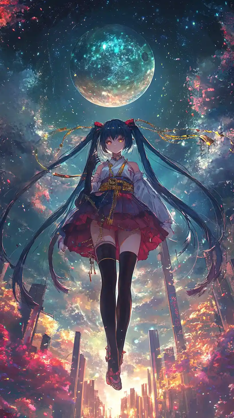 Anime girl floating in space with a colorful ringed planet