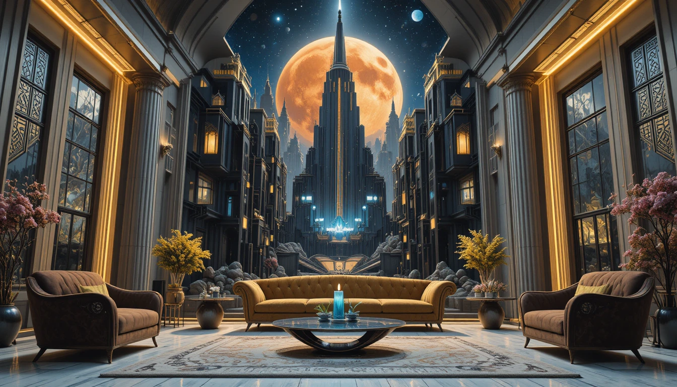Surreal Luxury Living Room With Baroque Sofa And Cosmic Art