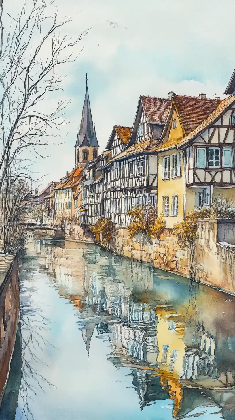Panoramic watercolor view of a historic riverside town