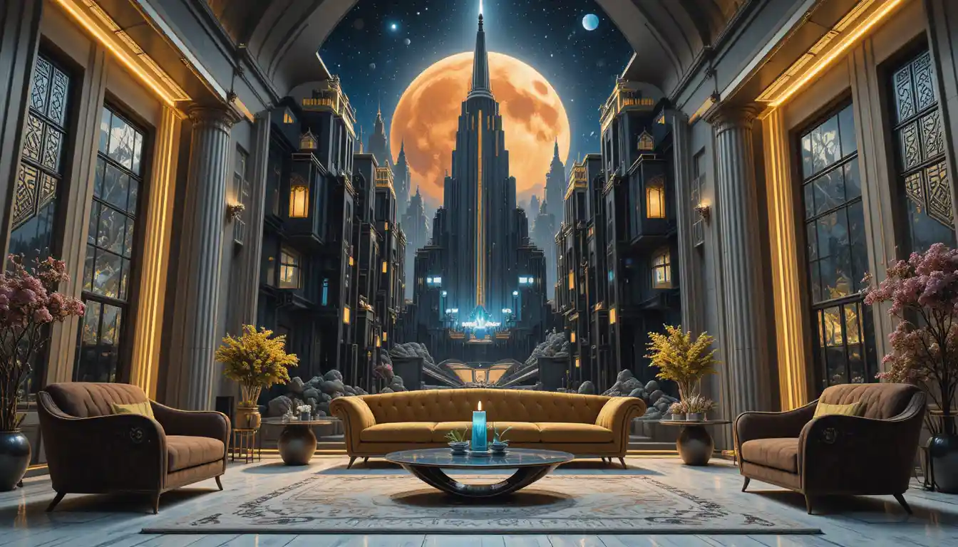 Surreal Luxury Living Room With Baroque Sofa And Cosmic Art