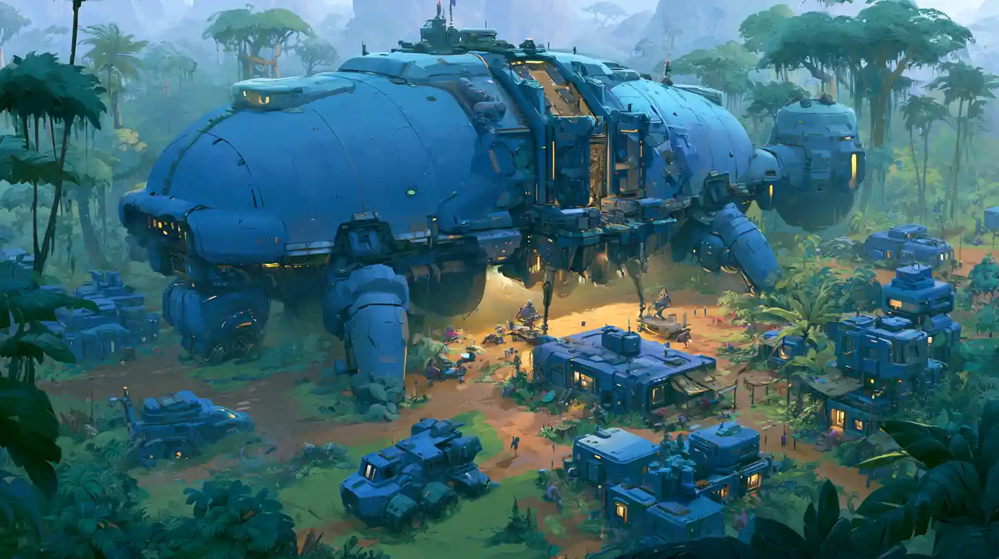 Colossal alien supply ship unloading outpost on jungle planet