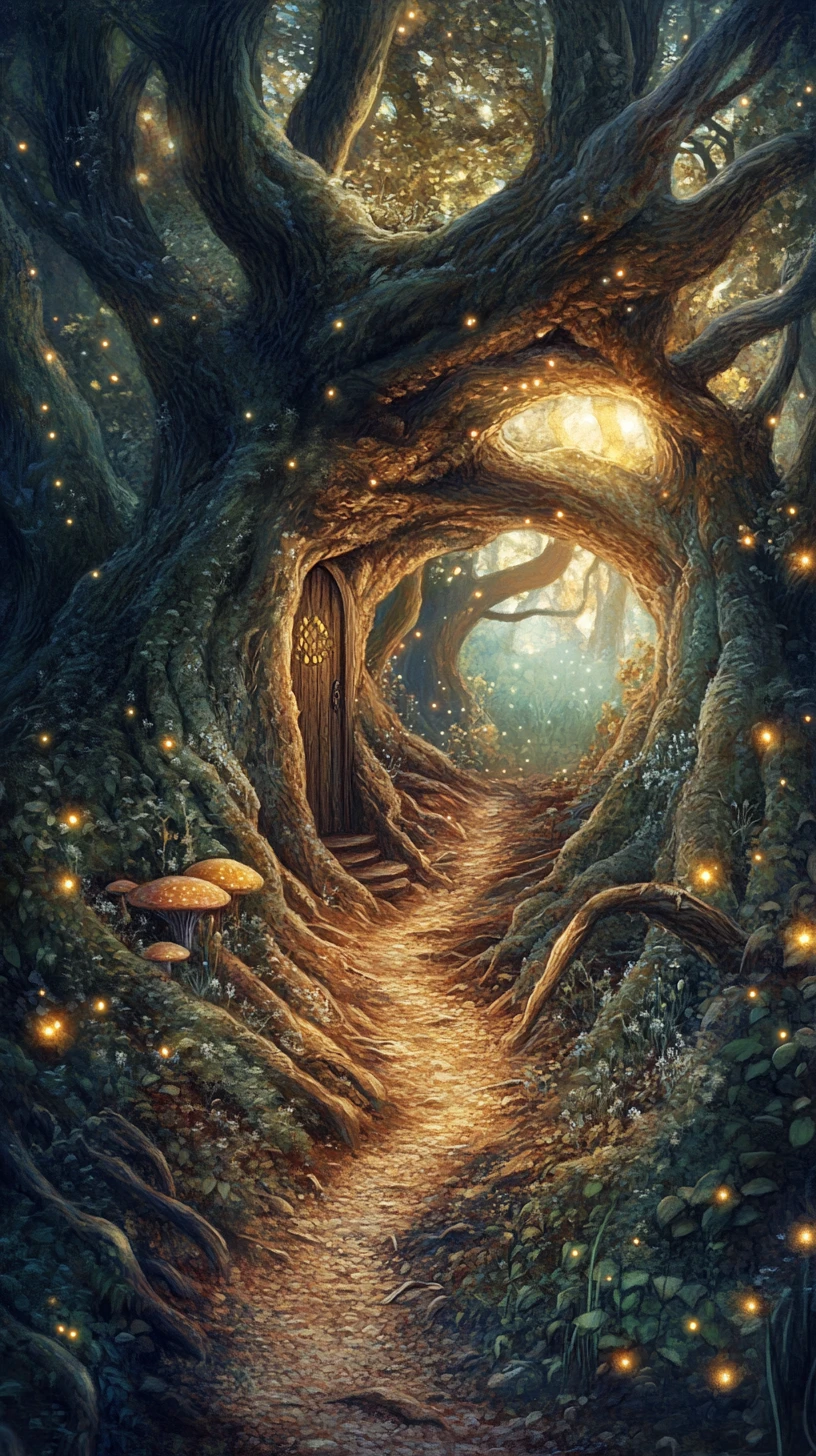 Enchanted forest path glowing with fireflies and hidden door