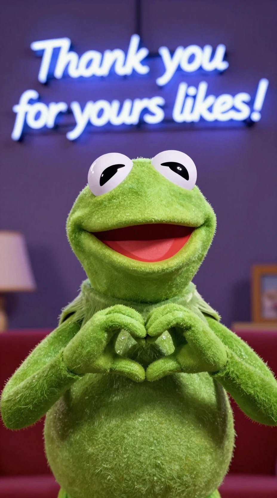 Cartoon frog making a heart under glowing neon thank you text