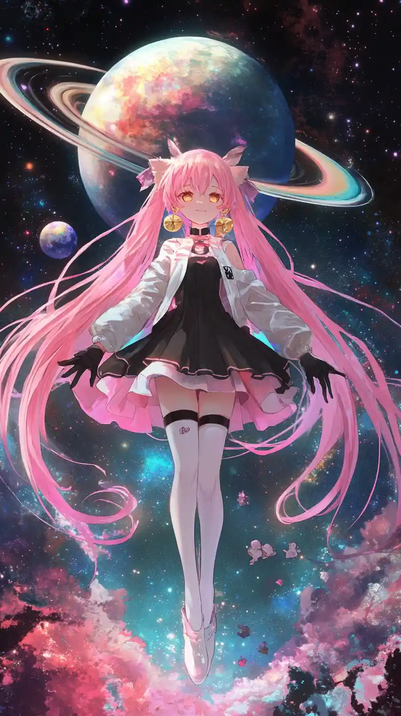 Anime girl floating in space with colorful ringed planet