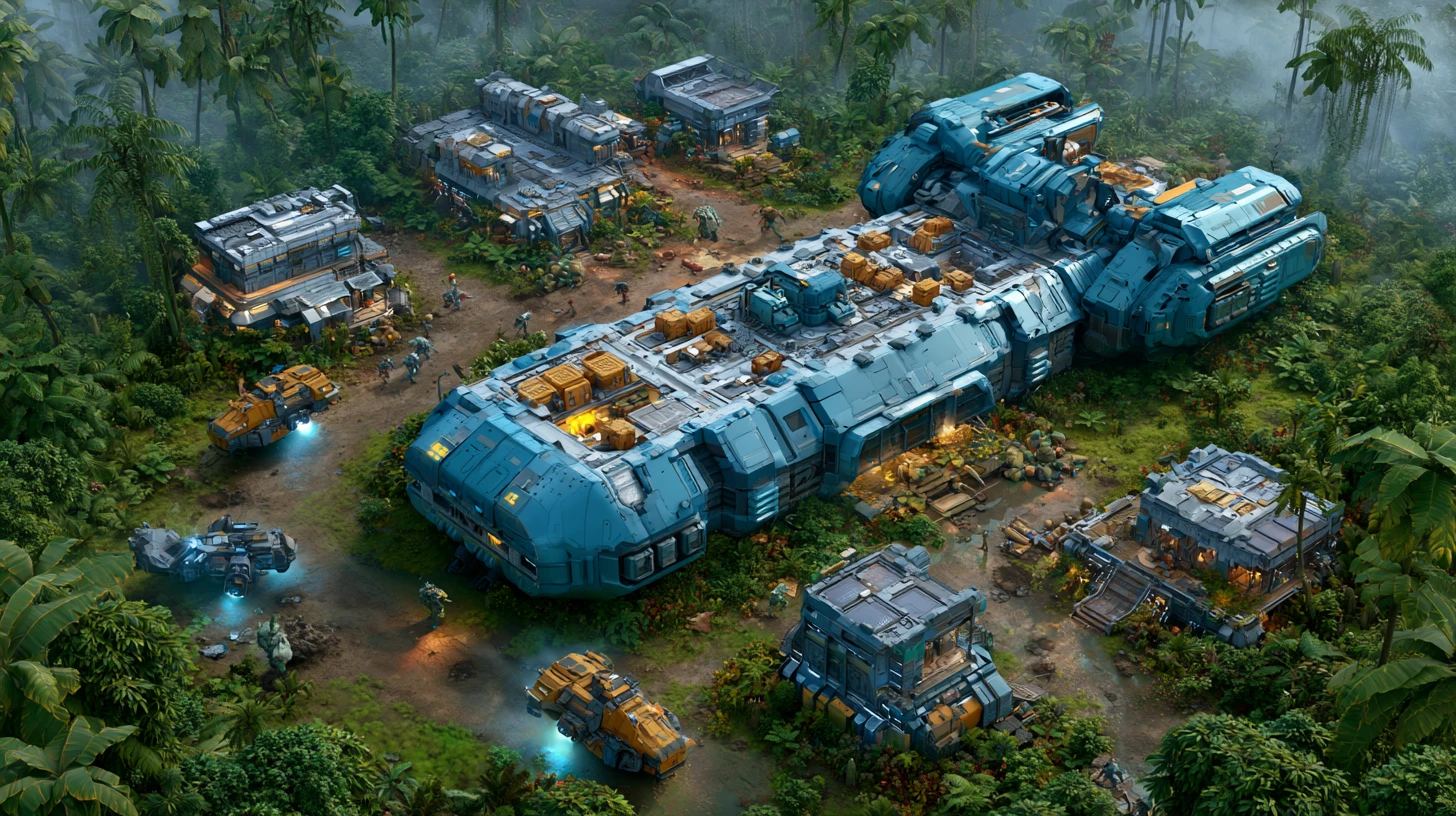Gigantic alien supply ship unloading a jungle outpost