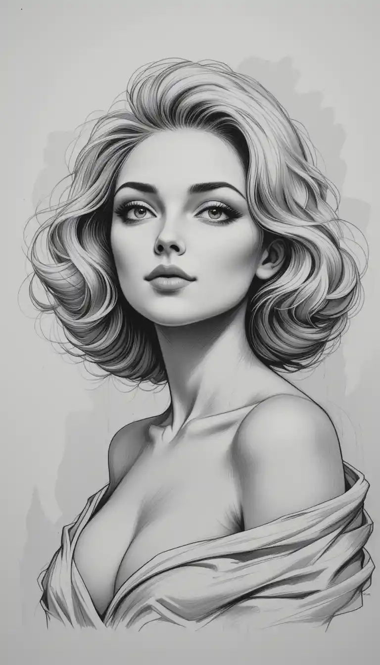 Pencil portrait of a young woman with wavy hair