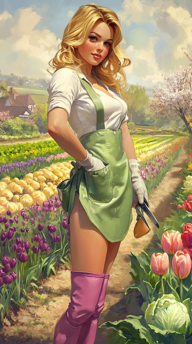 Young gardener walking through colorful spring flower beds