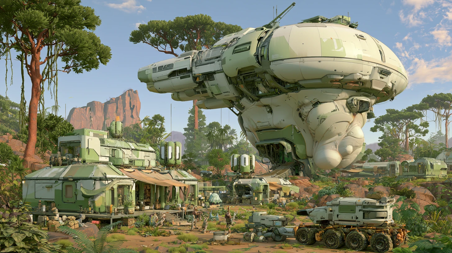 Colossal alien supply ship unloading an outpost on jungle world