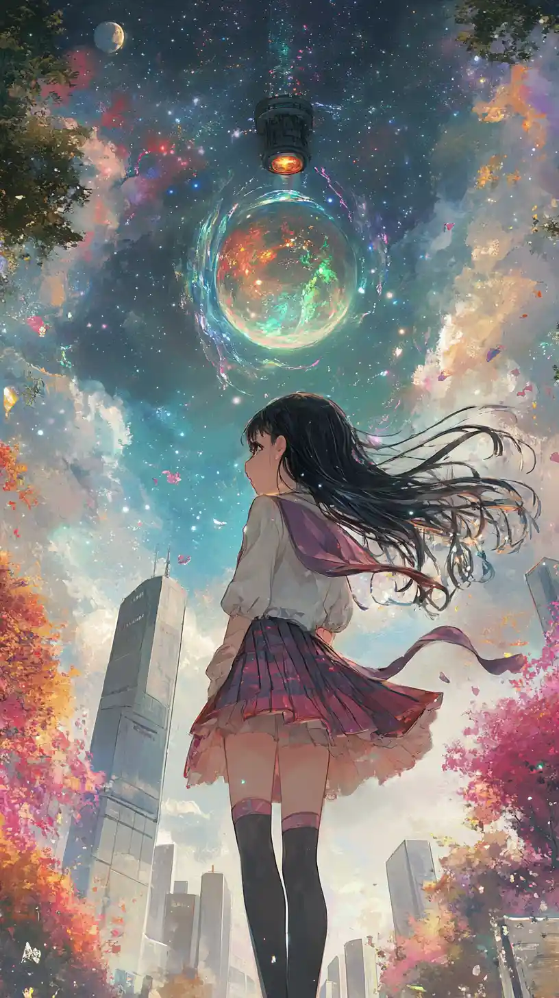 Anime girl floating in space with a colorful ringed planet