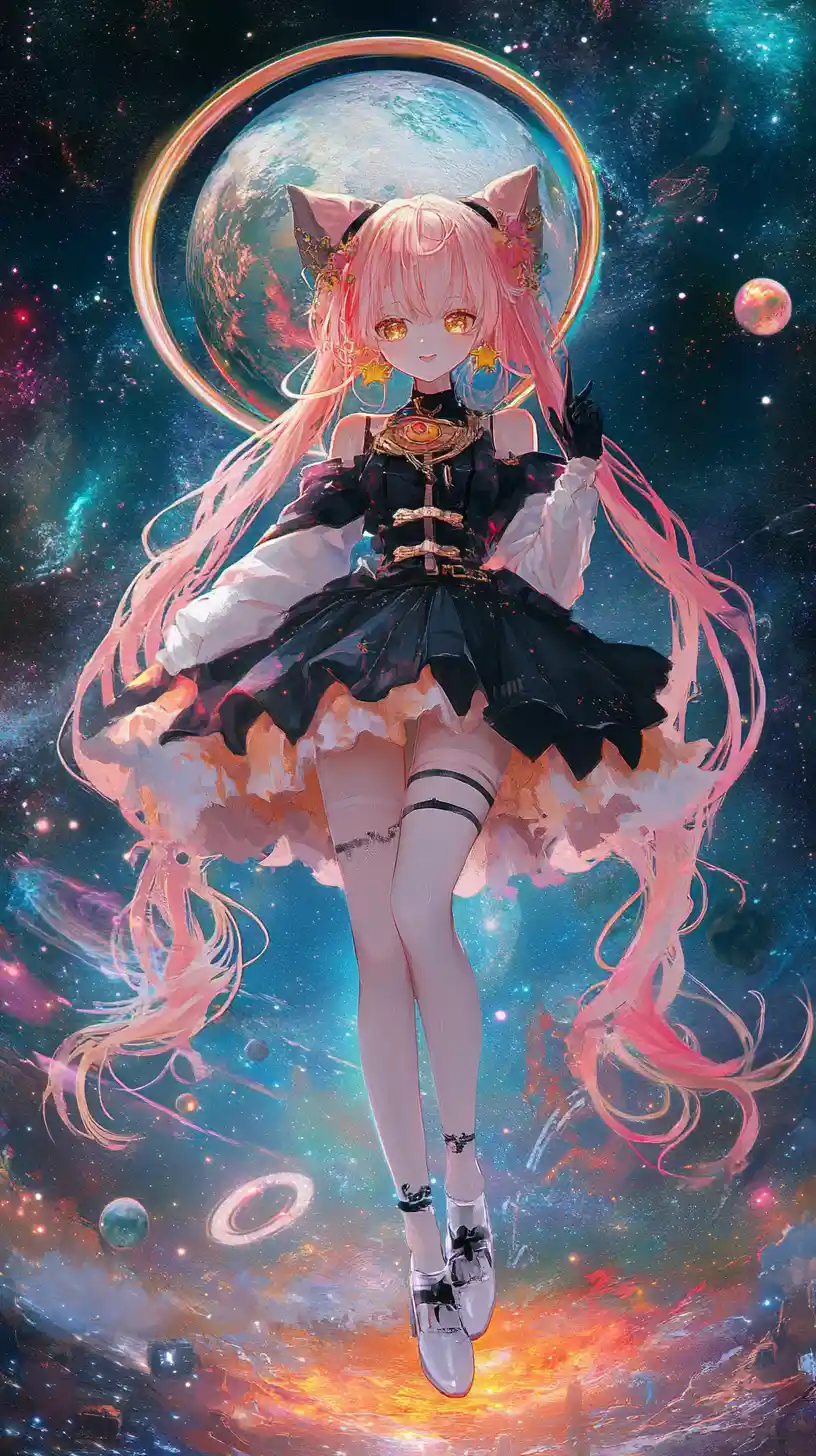 Ragazza anime che fluttua nello spazio con un colorato pianeta anellato