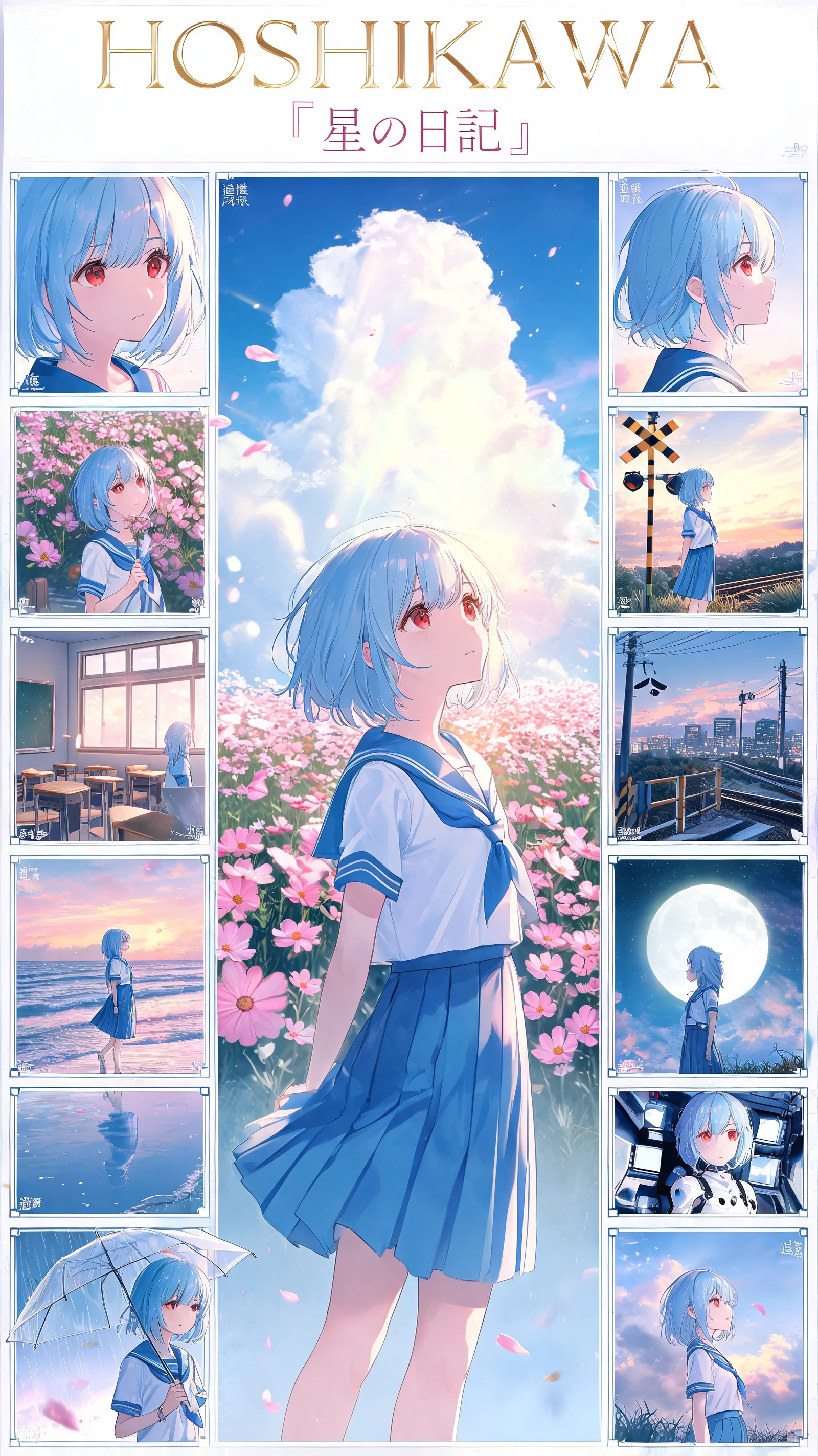 ピンクのコスモス畑にいる青髪のアニメ少女