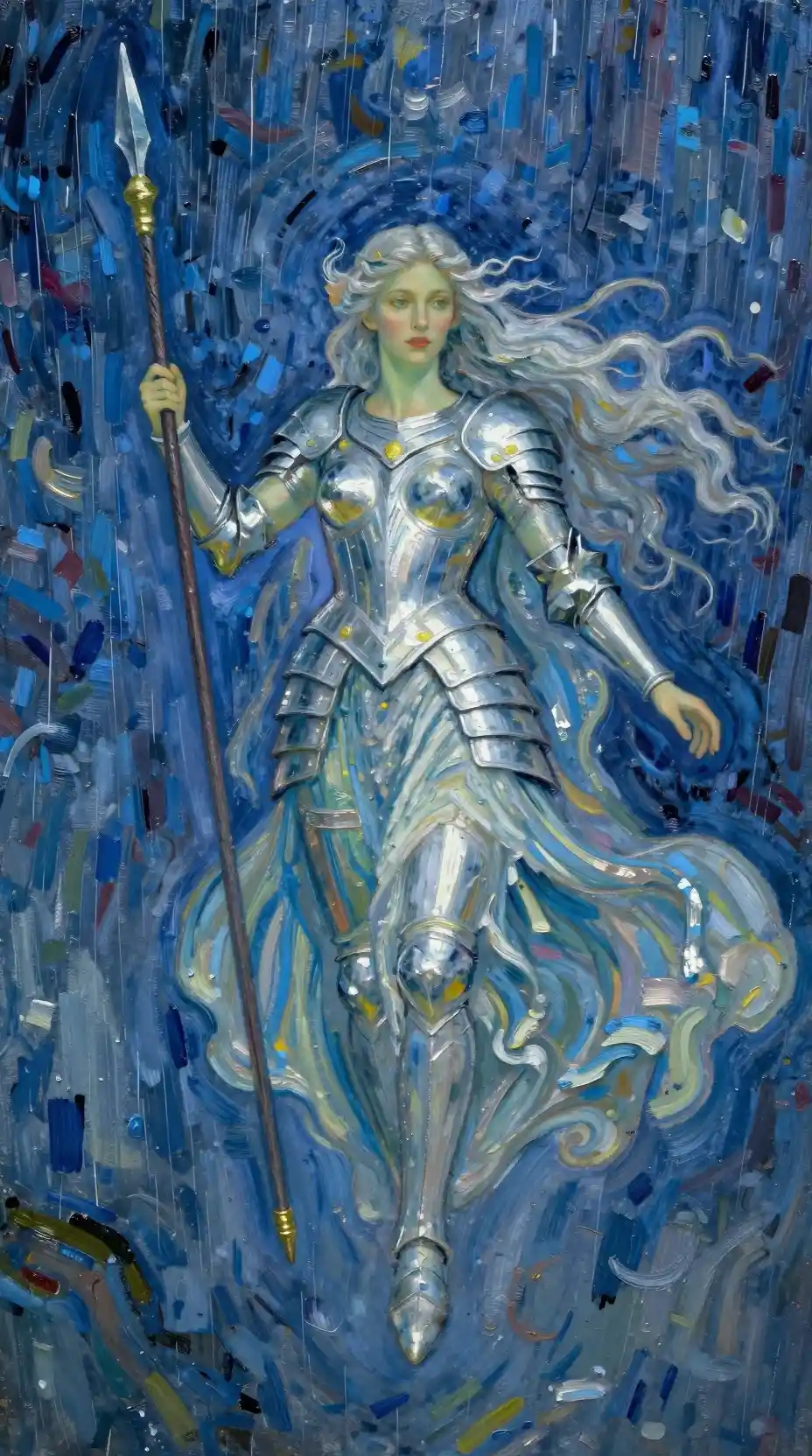 Celestial valkyrie descending through rain with holy spear