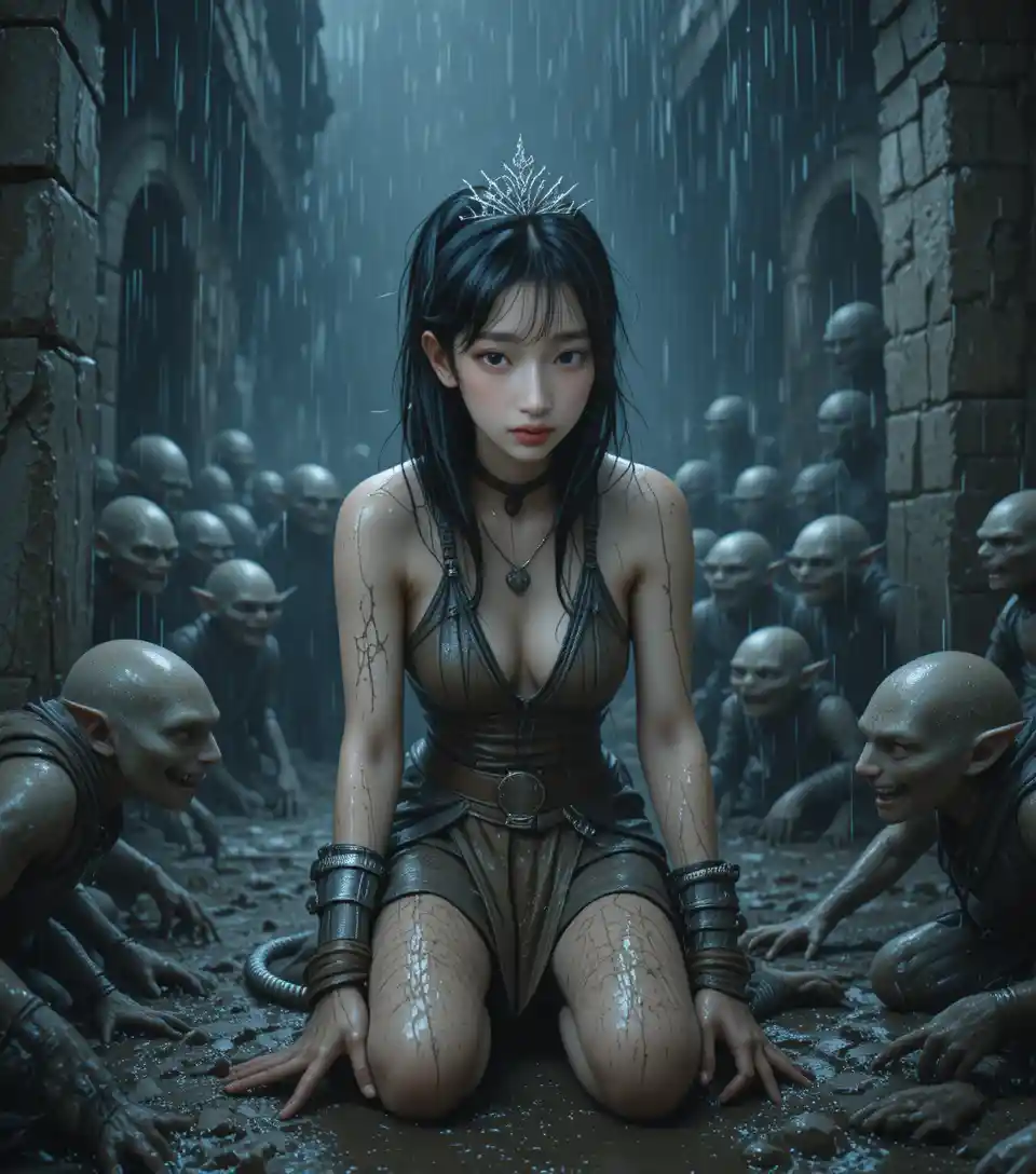 Warrior princess among goblins in a stormy ruin