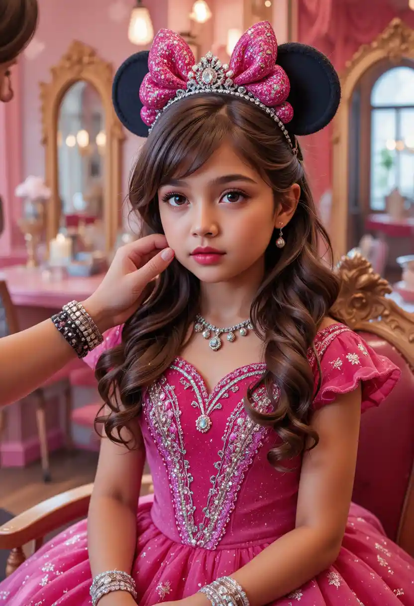 Young girl in pink gown at whimsical salon