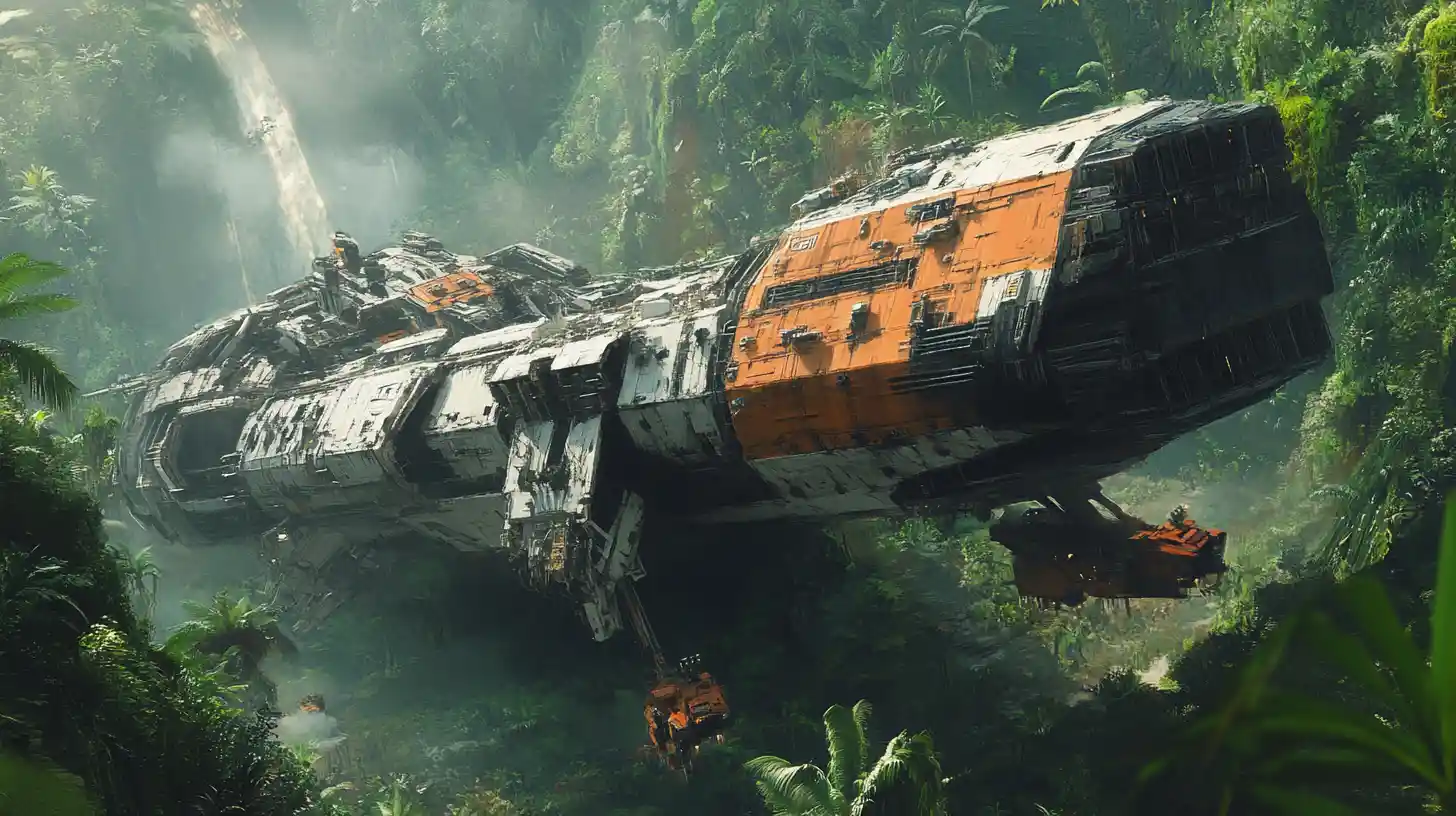 Gigantic alien supply ship unloading outpost on jungle world