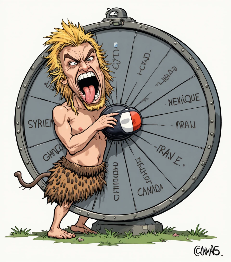 Caveman caricature spinning a bomb loaded world wheel